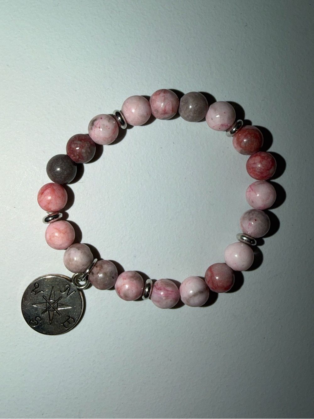 Hand Crafted natural rhodonite gemstones silver-toned compass charm bracelet